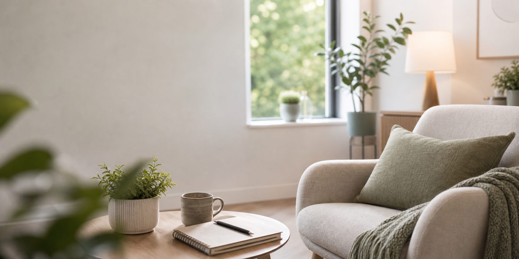 A calm therapy room scene representing a reflective space for ADHD in women, masking and overwhelm