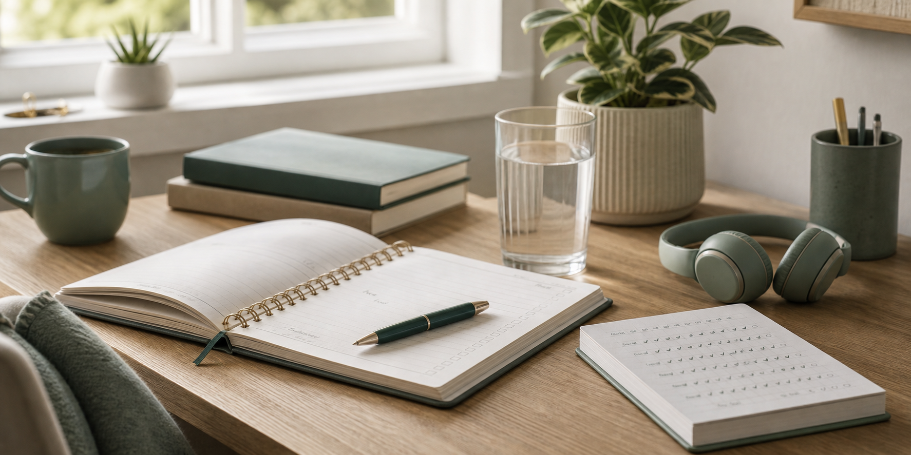 A calm planning desk suggesting structure, regulation, and ADHD support