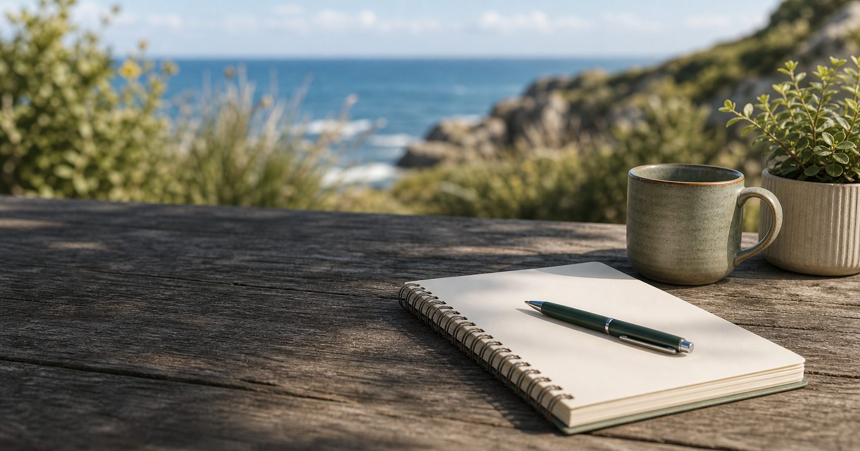 A notebook in a calm coastal setting representing risk planning, money boundaries and CBT strategies for ADHD and gambling patterns