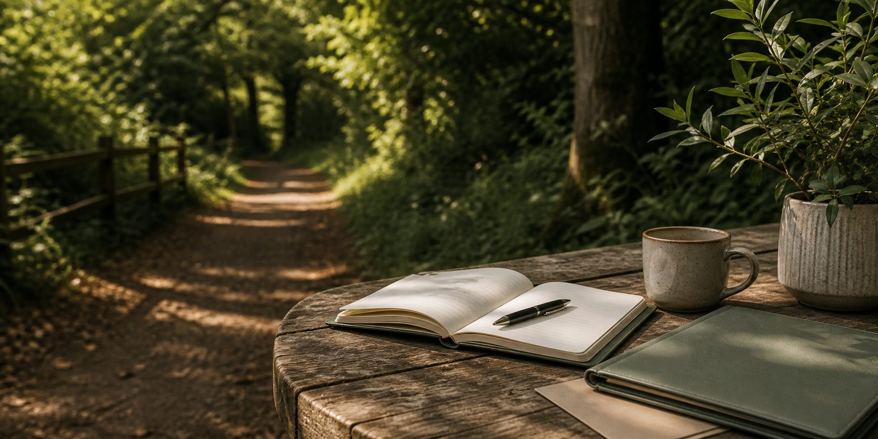 A notebook in a calm woodland setting representing small-step planning for ADHD procrastination and task paralysis